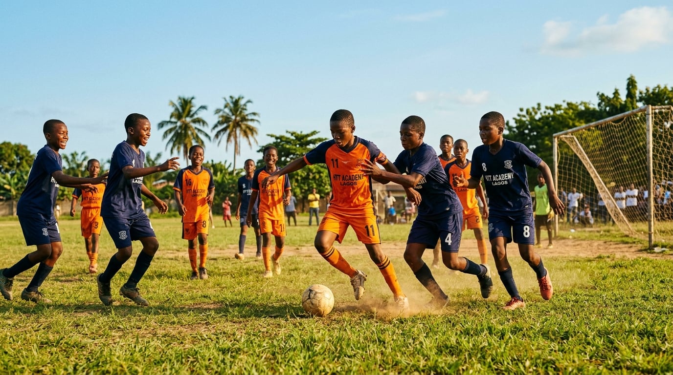 Young footballers training in HTT Academy blue and orange kits on a green pitch